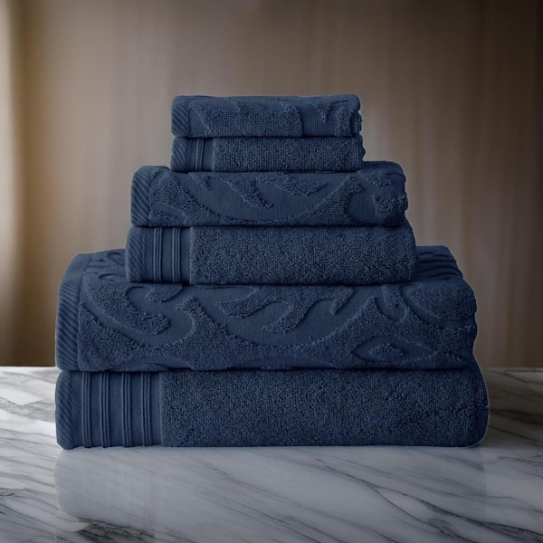 Oya 6-Piece Navy Blue Egyptian Cotton Towel Set with Medallion Pattern
