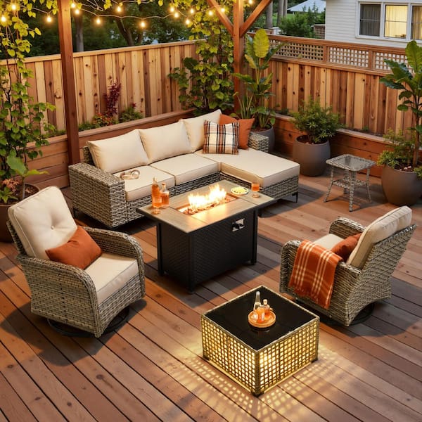 9-Piece Gray Wicker Outdoor Sectional Set Patio Conversation Rocking Swivel Set w/ 43 in. Fire Pit Table, Beige Cushions