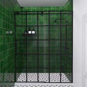 Bodum 60 in. W x 76 in. H Sliding Semi-Frameless Shower Door in Matte Black with Patterned Glass