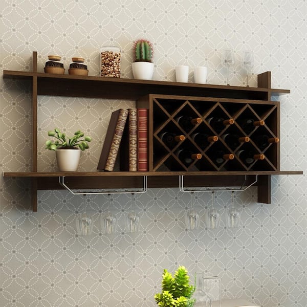 10-Bottle Black Wall Mounted Wine Rack with Glass Holder and Storage Shelf