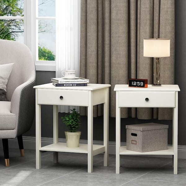 Tidoin 1-Drawer White Wood Nightstand 23.6 in. H x 18.1 in. W x 13.8 in. D (2-Piece)