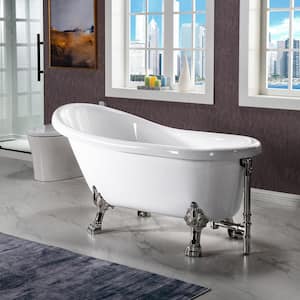 Eurek 59" Heavy Duty Acrylic Slipper Clawfoot Bath Tub in White,Claw Feet,Drain and Overflow in Brushed Nickel
