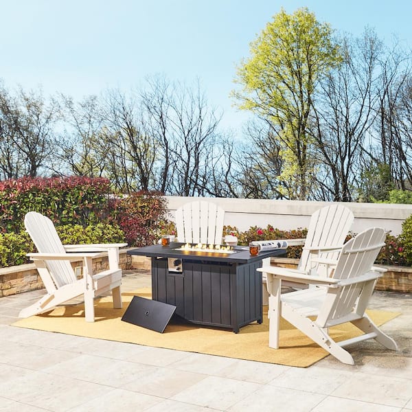 Glitzhome 5-Piece 30000-BTU Tiles Top Aluminum Propane Patio Fire Pit and HDPE Folding Adirondack Chairs Set