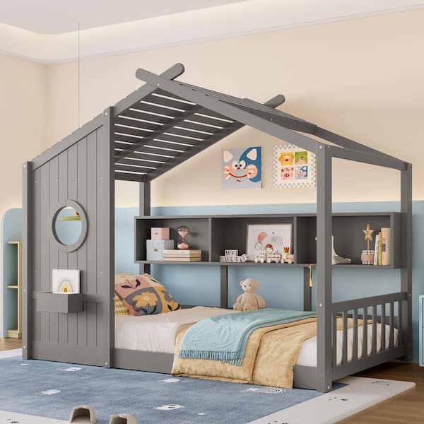 Gray Twin Size House-shaped Kids Montessori Bed, Floor Bed with Storage Shelf, Unique Roof Design