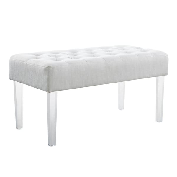 Ella White Linen Weave Bench with Acrylic Legs and Button Tufts
