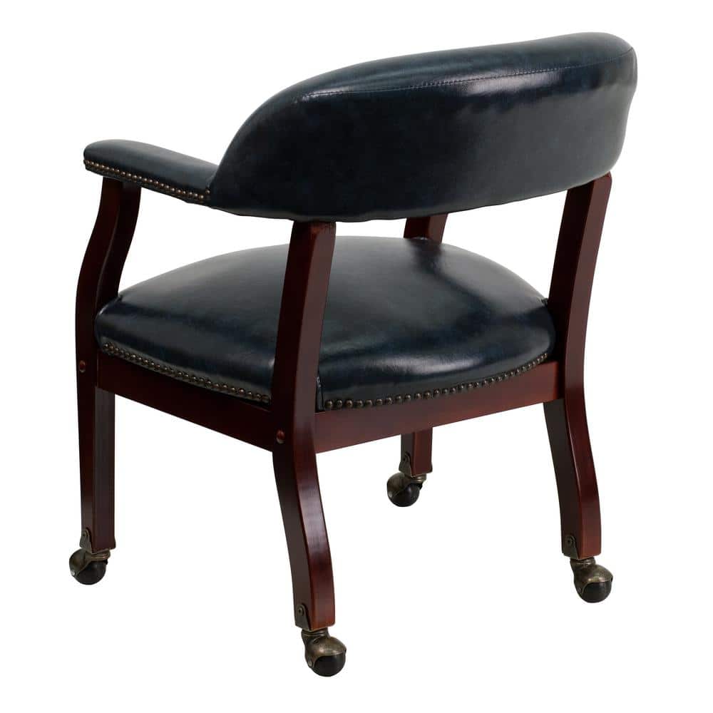 Navy Vinyl Captain's Conference Chair with Brass Casters and Mahogany Frame