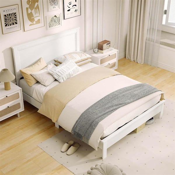 White Rubber Wood Frame Full Size Platform Bed with High Headboard Bedroom