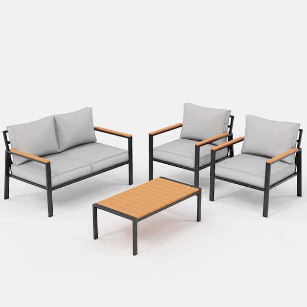 Black 4-Piece Metal Outdoor Patio Conversation Deep Seating Set with Olefin Light Gray Cushions, Loveseat, Coffee Table
