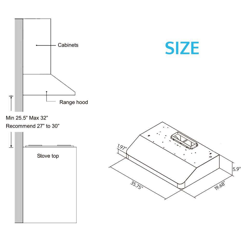 36-Inch Stainless Steel and Black Under Cabinet Range Hood