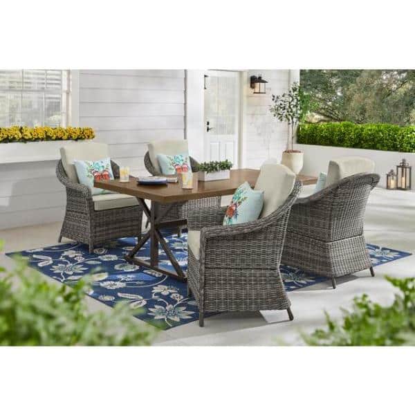Hampton Bay Chasewood Brown Wicker Outdoor Patio Captain Dining Chair with CushionGuard Biscuit Cushions (2-Pack)
