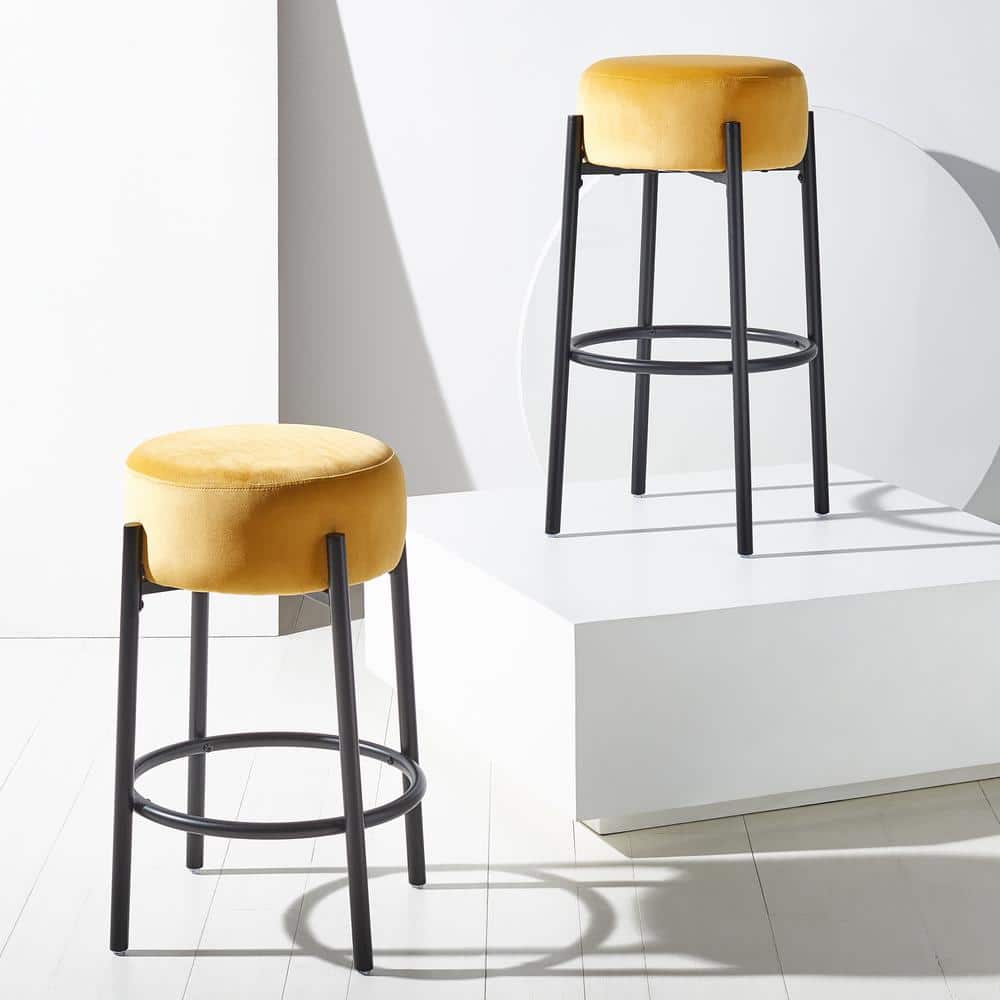 Paisleigh 15'' Mustard Velvet and Black Metal Round Bar Stool