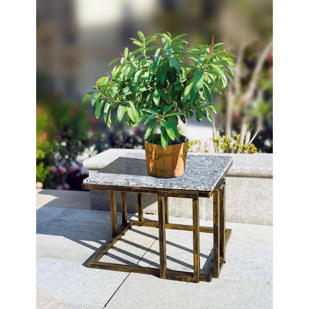 14.5" Granite Marble Black and Gold Metal Plant Stand