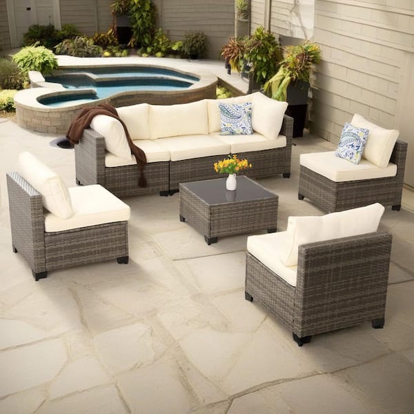JUSKYS GUKOO Gray 7-Piece Wicker Metal Frame Sofa Seating Group with Beige Cushions