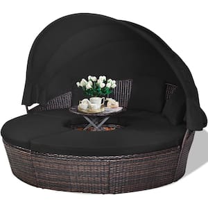 PE Wicker Outdoor Day Bed with Cushion Black Patio Rattan Round Daybed  with Adjustable Table 3 Pillows