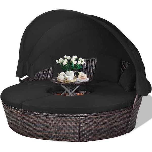 Gymax PE Wicker Outdoor Day Bed with Cushion Black Patio Rattan Round Daybed  with Adjustable Table 3 Pillows