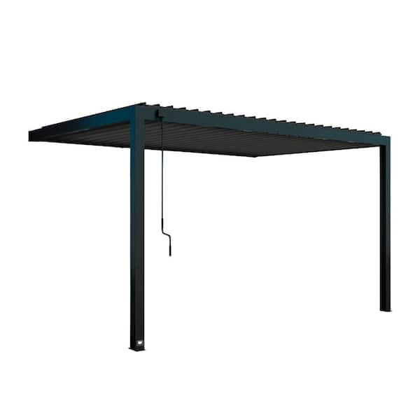 Evanston 14 ft. x 10 ft. Black Galvanized Steel Wall-Mounted Louvered Pergola Kit with Adjustable Roof and PowerPort