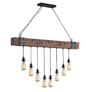 43.31 in. 8-Light Brown Rustic Industrial Linear Island Pendant Light with Black Metal and Wood Beam, No Bulbs Included