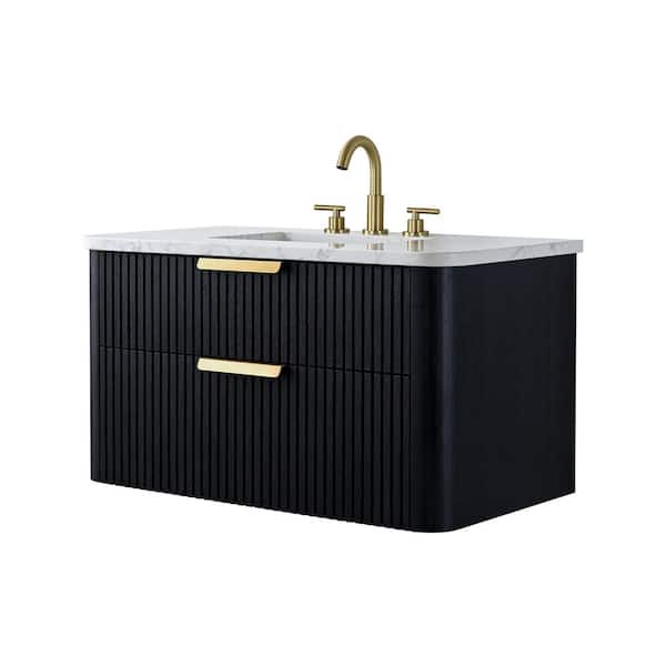 Warren 36 in. W Floating Bath Vanity in Black Oak, Engineered Stone Top in Arabescato and White Sink