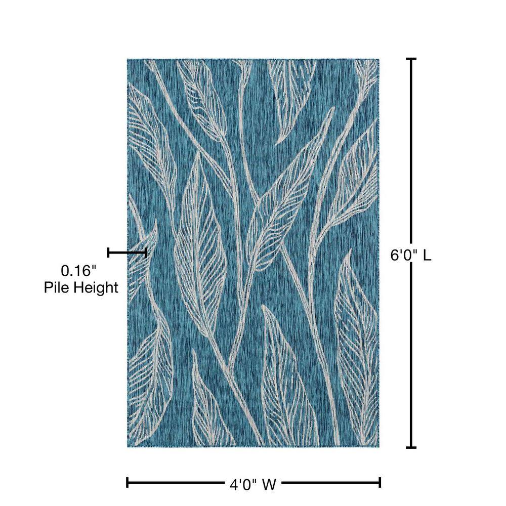 Teal and Ivory Botanical Outdoor Rectangular Rug 4' x 6'