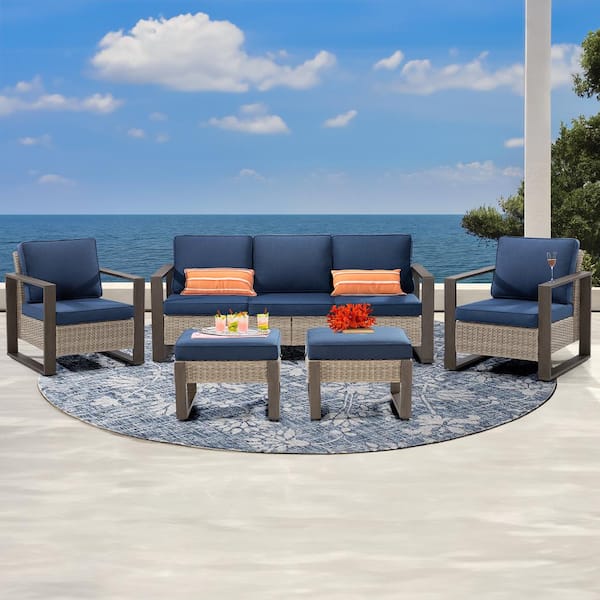 JOYSIDE 5-Piece Patio Wicker Outdoor Conversation Sectional Set with Steel Frame and Dark Blue Cushions