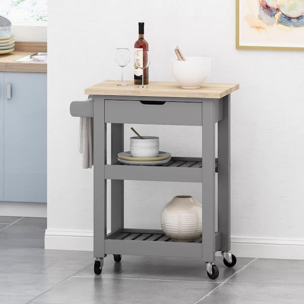 Unbranded Gray Kitchen Cart with Long Drawer, 2 Shelves and Towel Holder
