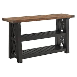 55 in. Brown and Black Rectangular Wood End Table with 2 Slatted Shelves and X Legs
