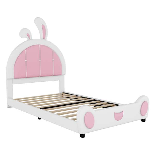 Harper & Bright Designs White and Pink Wooden Twin Size PU Upholstered Platform Bed with Rabbit Shaped Headboard