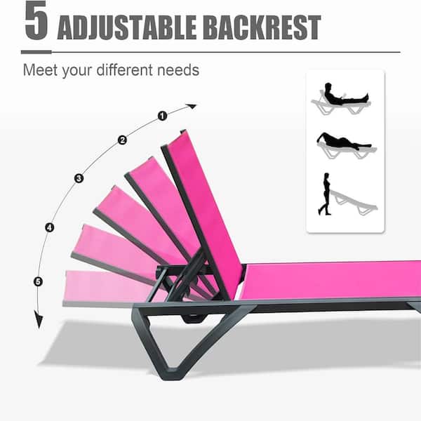 Adjustable Patio Chaise Chair Aluminum Outdoor Lounge Chair Sunbathing Chairs with 1-Side Table in Rose Red Set of 3