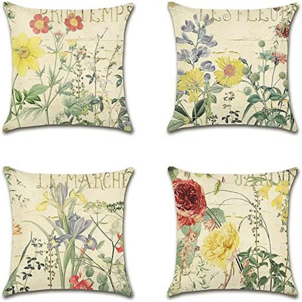 Outdoor Set of 4 Waterproof Throw Pillow Covers 18x18 Inches, Pink Roses and Butterfly Pattern Decorative Cushion Covers, Yellow