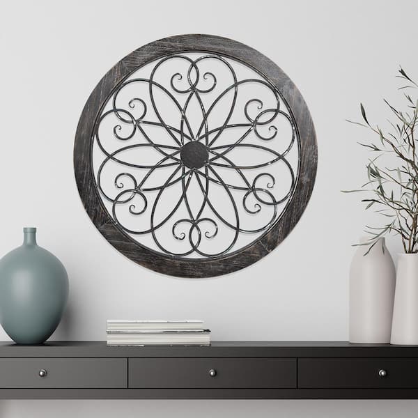 Lavish Home Gray 24 in. Round Scroll Medallion Wood and Metal Wall Panel