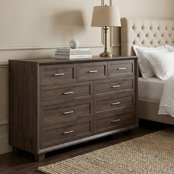 Walnut 9-Drawer 60 in. Bedroom Dresser with Spacious Top, Raised Legs, Metal Handles, Modern Chest of Drawers with