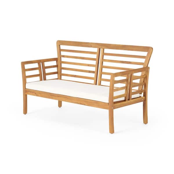 Noble House Chedworth Acacia Wood Outdoor Patio Loveseat with Cream Cushions