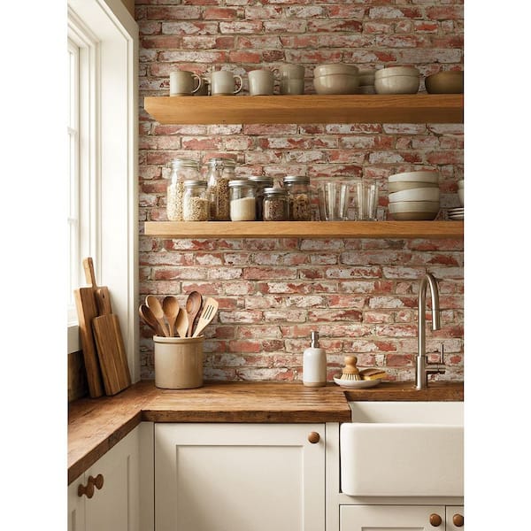 15.38 sq. ft. Clay Faux Rustic Brick Natural Wall Backdrop Vinyl Peel and Stick Wallpaper Roll
