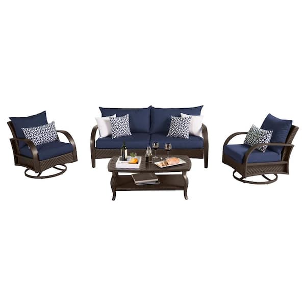 RST BRANDS Barcelo 4-Piece Motion Wicker Patio Deep Seating Conversation Set with Sunbrella Navy Blue Cushions