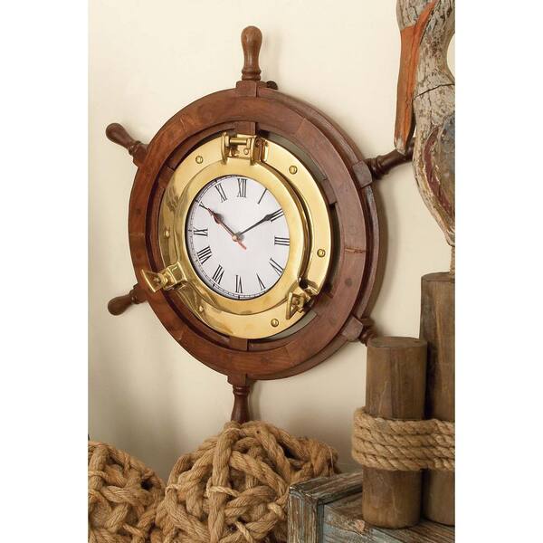Litton Lane 18 in. x 18 in. Brass and Wood Shipwheel Wall Clock