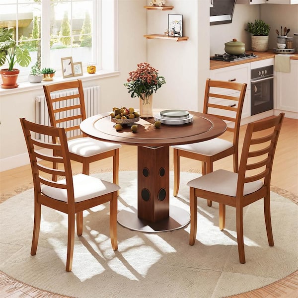 Wooden Oak Polyester Upholstered Dining Chair (Set of 4) Kitchen Chair with Rubber Wood Legs and Slatted Backrest