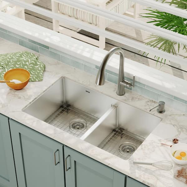 16-Gauge Stainless Steel 32 in. Double Bowl Undermount Kitchen Sink Kit