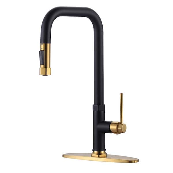Single Handle Pull Down Sprayer Kitchen Faucet in Black and Gold