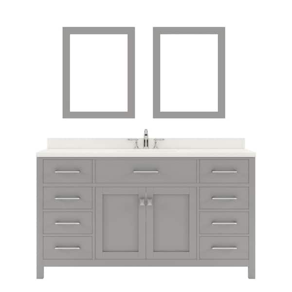 Virtu USA Caroline 60 in. W x 22 in. D x 35 in. H Single Sink Bath Vanity in Gray with Quartz Top and Mirror