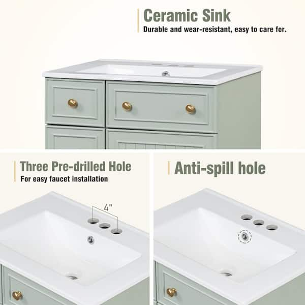 24 in. W Single Sink Freestanding Bath Vanity in Green with White Ceramic Top, 2 Drawers and 1 Door