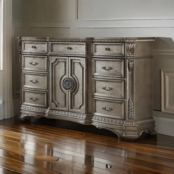 silver antique dresser Luxury Antique Silver Champagne Finish Dresser W Mirror Storage Space Drawers Bedroom Furniture Antique Silver Bedroom Contemporary,Industrial,Modern,