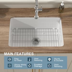 White Fireclay 27 in. Single Bowl Round Corner Undermount/Drop-In Kitchen Sink with Bottom Grid and Basket Strainer