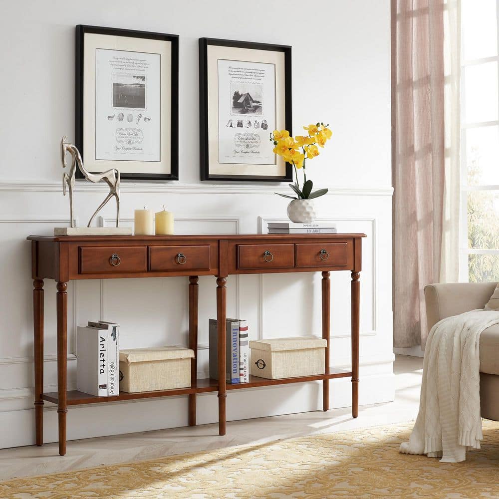 Pecan Wood Coastal Hall Console Table with Storage