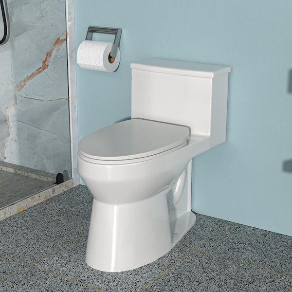 1-piece 1.28 GPF Single Flush Elongated Toilet in White Seat Included