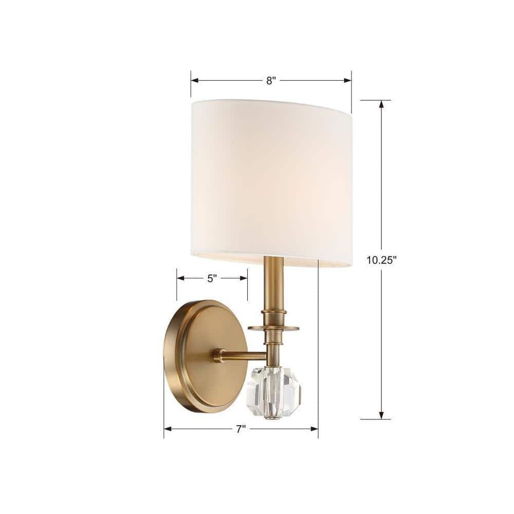 Aged Brass Sconce with White Silk Shade and Crystal Accent