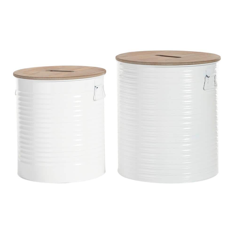White Metal Cylinder Storage Stools with Brown Wood Tops, Set of 2