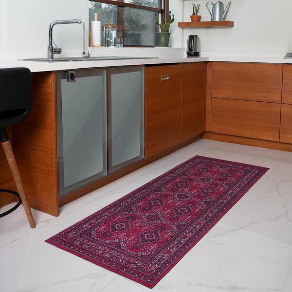 Denali Burgundy 2 ft. x 6 ft. Vintage-Turkoman Oriental Bokhara Machine Washable Area Rug
