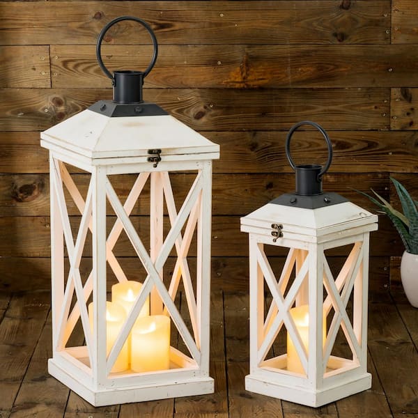 Glitzhome Wash White Farmhouse Modern Wooden Lanterns Set Of 2 2009000005 The Home Depot Glitzhome Wash White Farmhouse Modern, Modern Outdoor Torches