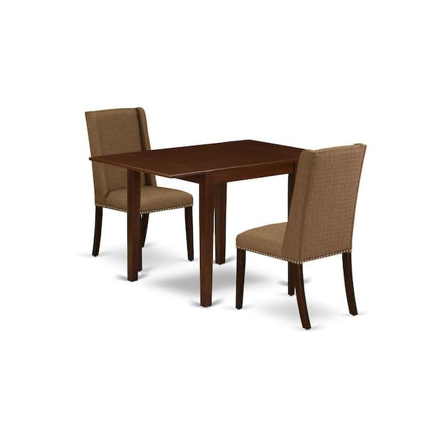 East West Furniture 3-Piece Mahogany Finish Rectangular Solid Wood Top with Dropleaf Dining Table Set