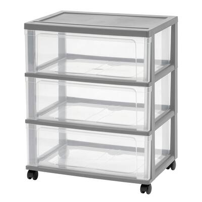 3 Drawer Plastic Wheeled Wide Chest in Gray